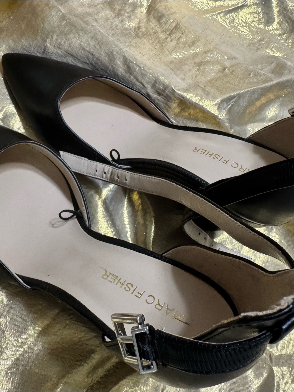 Marc Fisher Black Pointed Slingback Heels with ankle straps and Buckle Accent